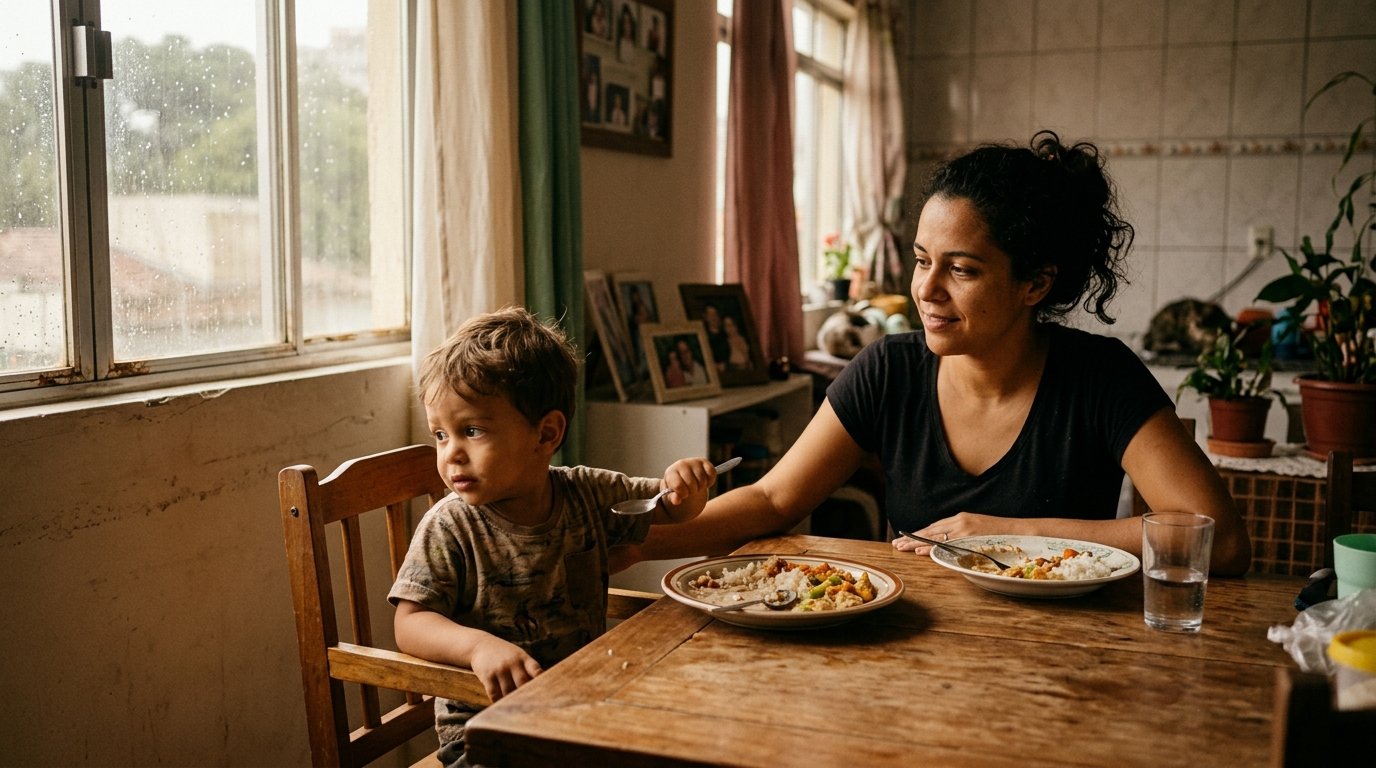 Mãe e criança preparando um lanche juntas na cozinha de casa