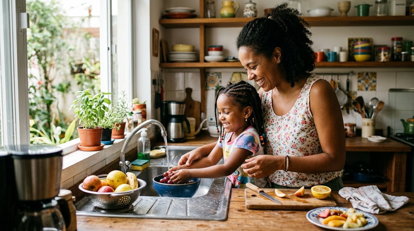Mãe e criança preparando um lanche juntas na cozinha de casa