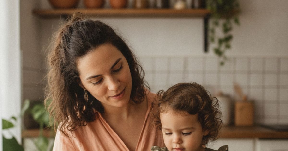 Mãe e criança pequena em momento calmo à mesa